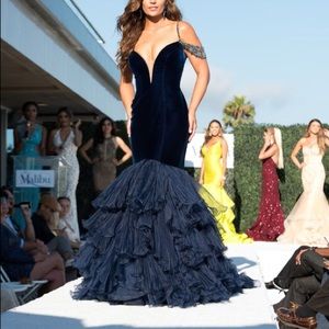 Sherri Hill velvet couture gown navy deep blue